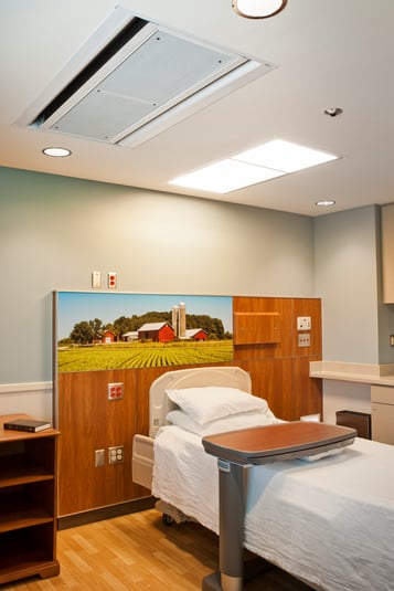 A chilled beam installed in a patient room