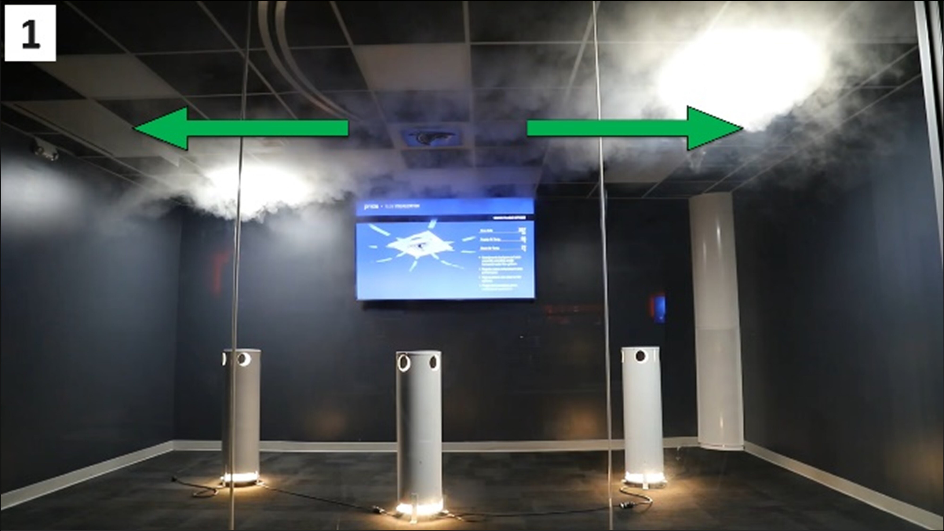 Theatrical smoke shows the typical movement of air from an overhead diffuser