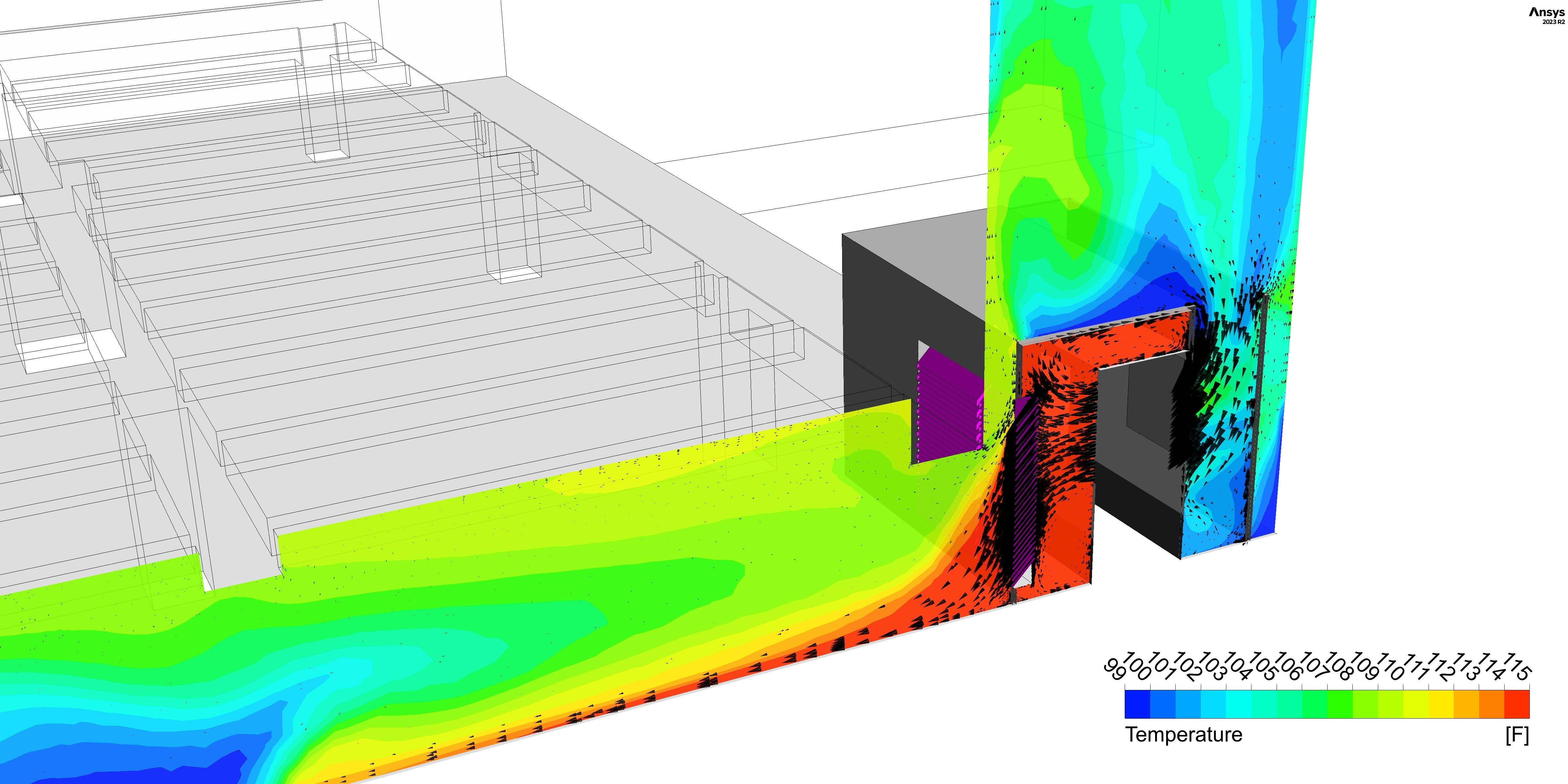 Temperature plots of the acoustic enclosure with overlaid airflow direction for original design