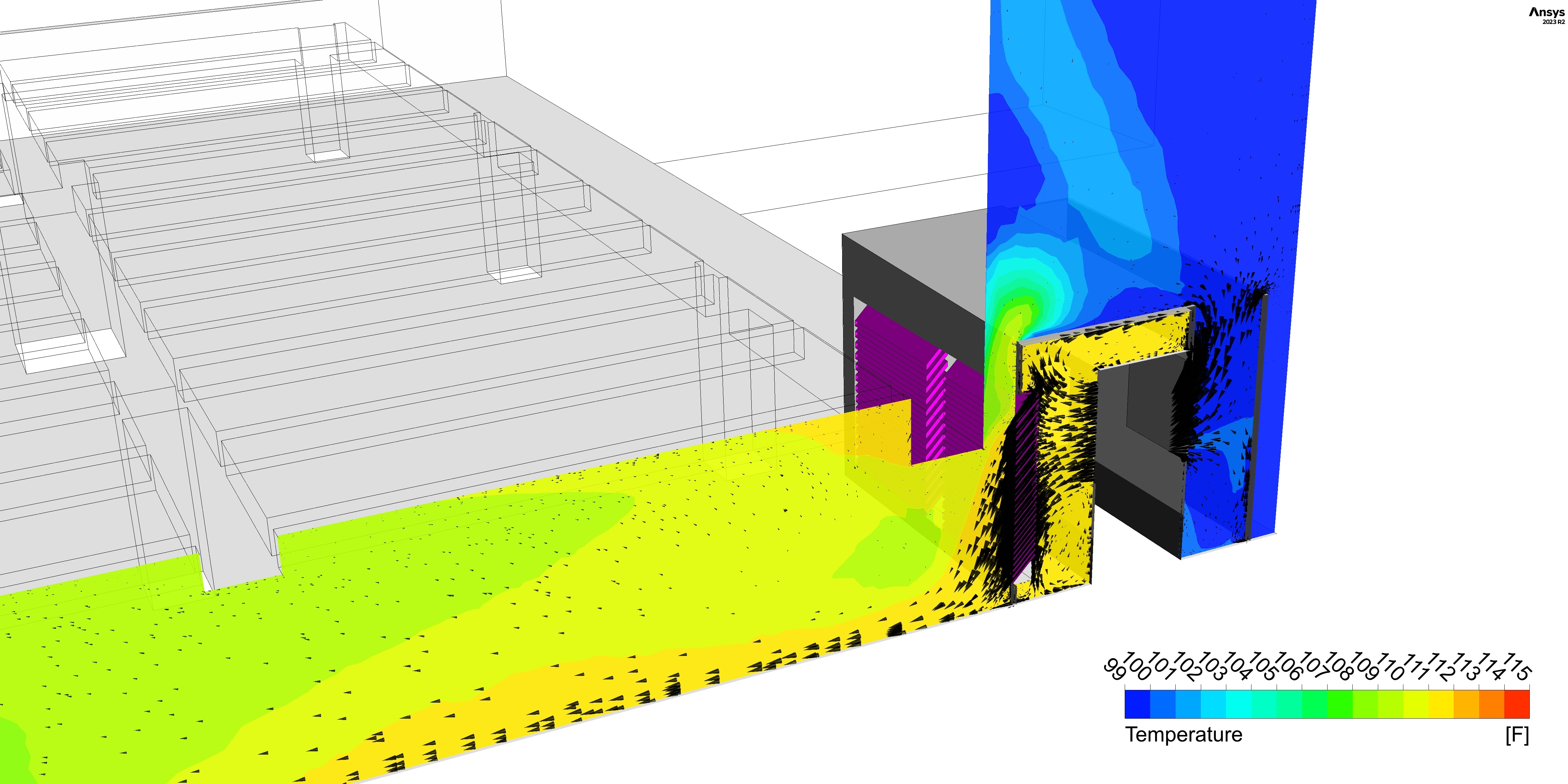 Temperature plots of the acoustic enclosure with overlaid airflow direction for fine-tuned design