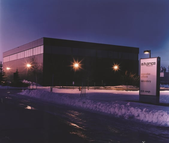E.H. Price Building at night with laboratory sign