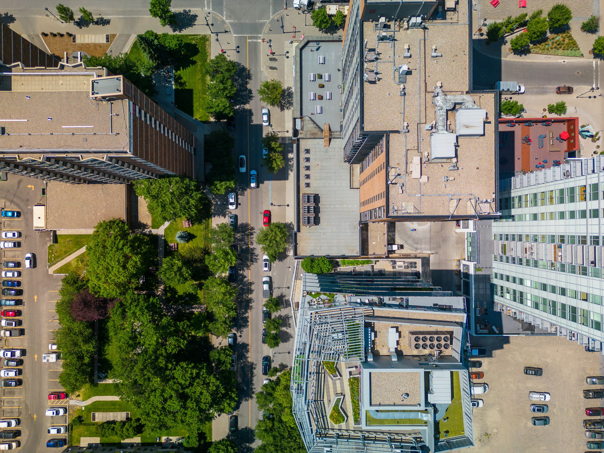 Top view of a building surrounded by other buildings