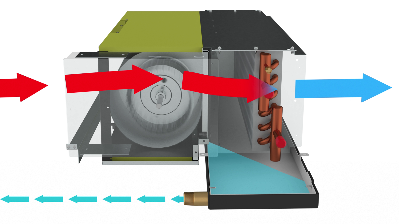 Diagram of a horizontal fan coil showing condensate in the drain pan