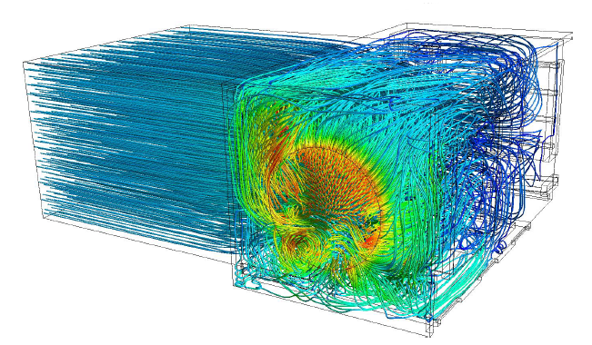 A CFD model showing airflow through a fan coil