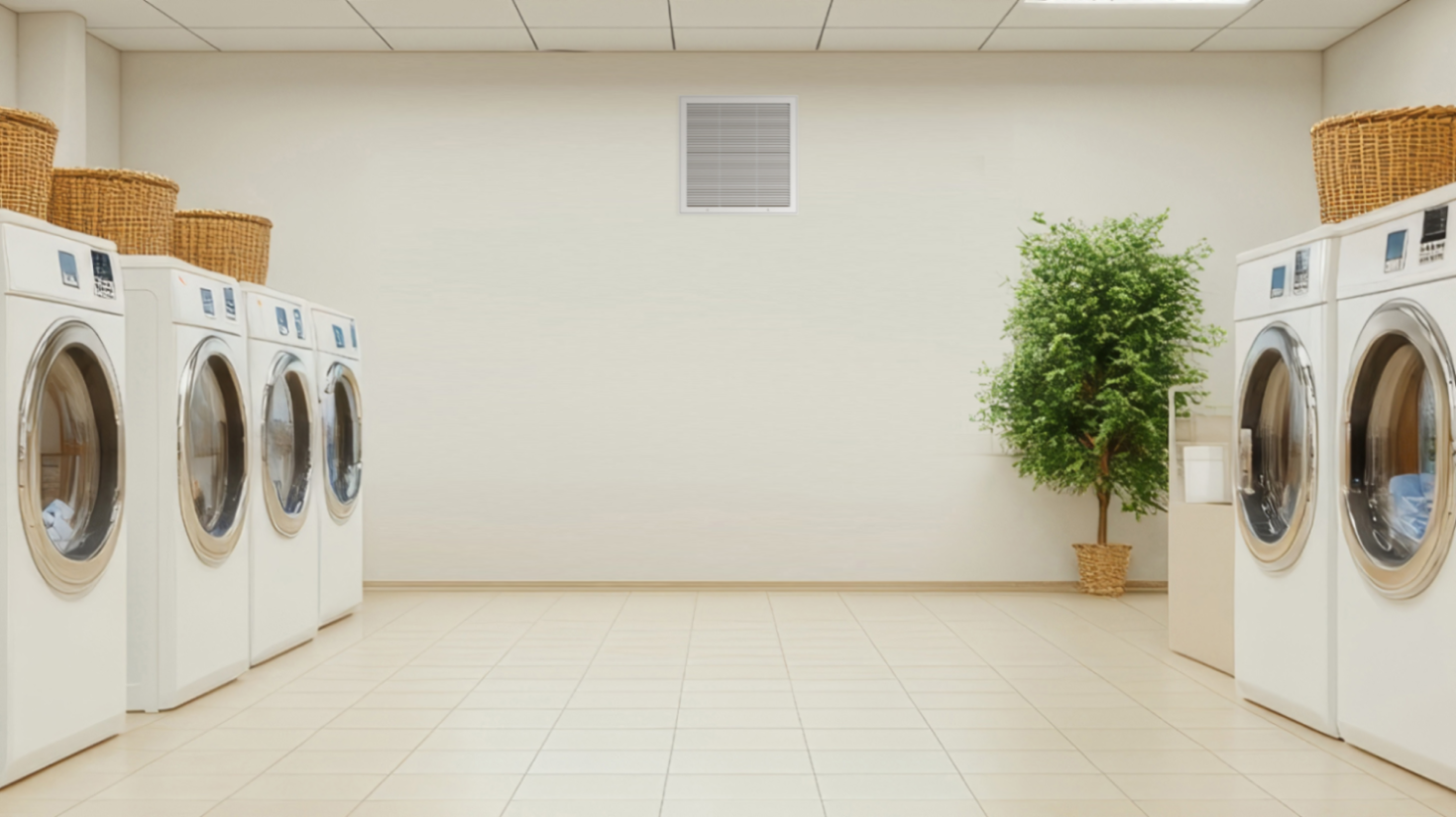 Return grille pictured on the wall of a commercial laundromat