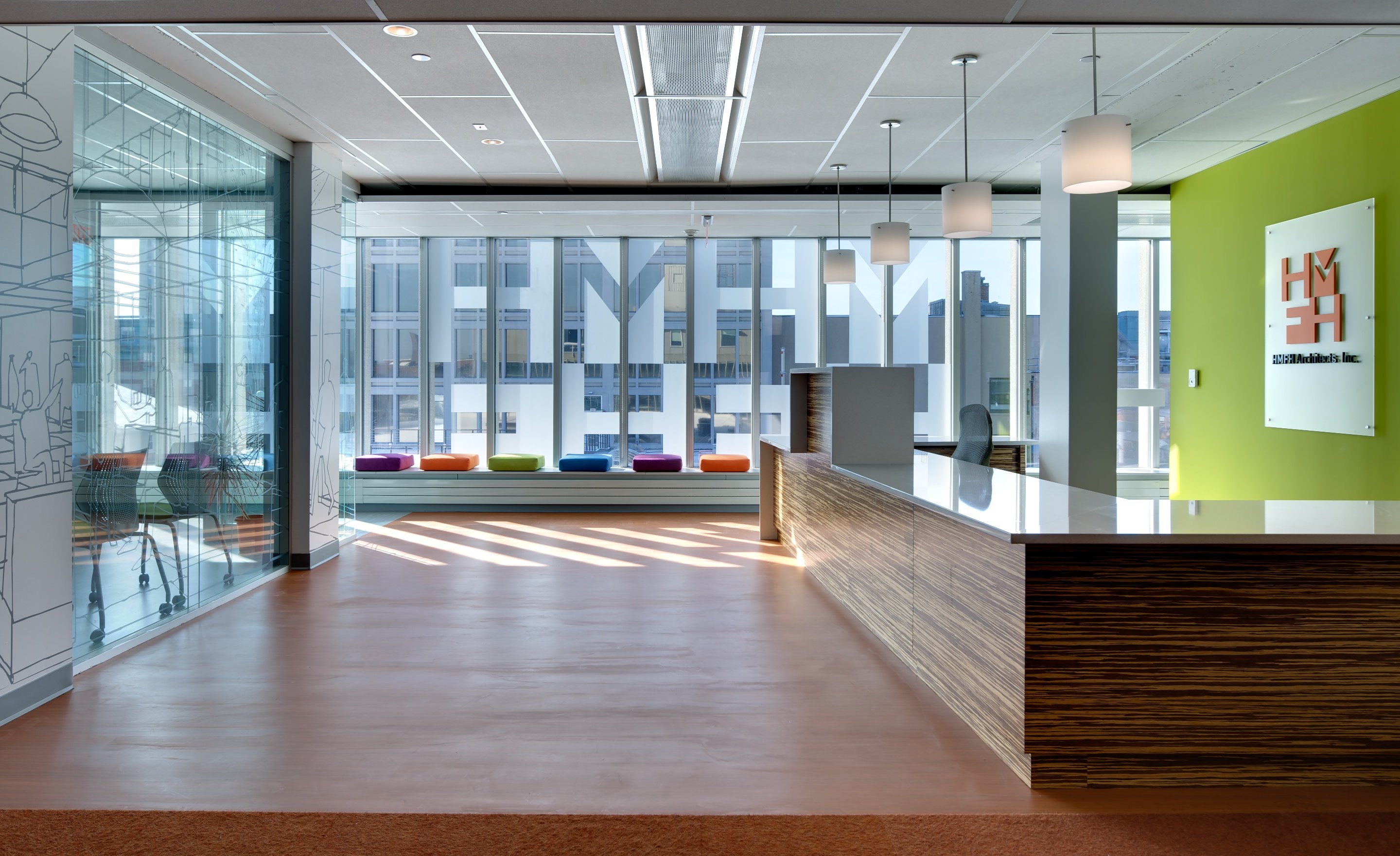 Office lobby with active chilled beams installed in ceiling
