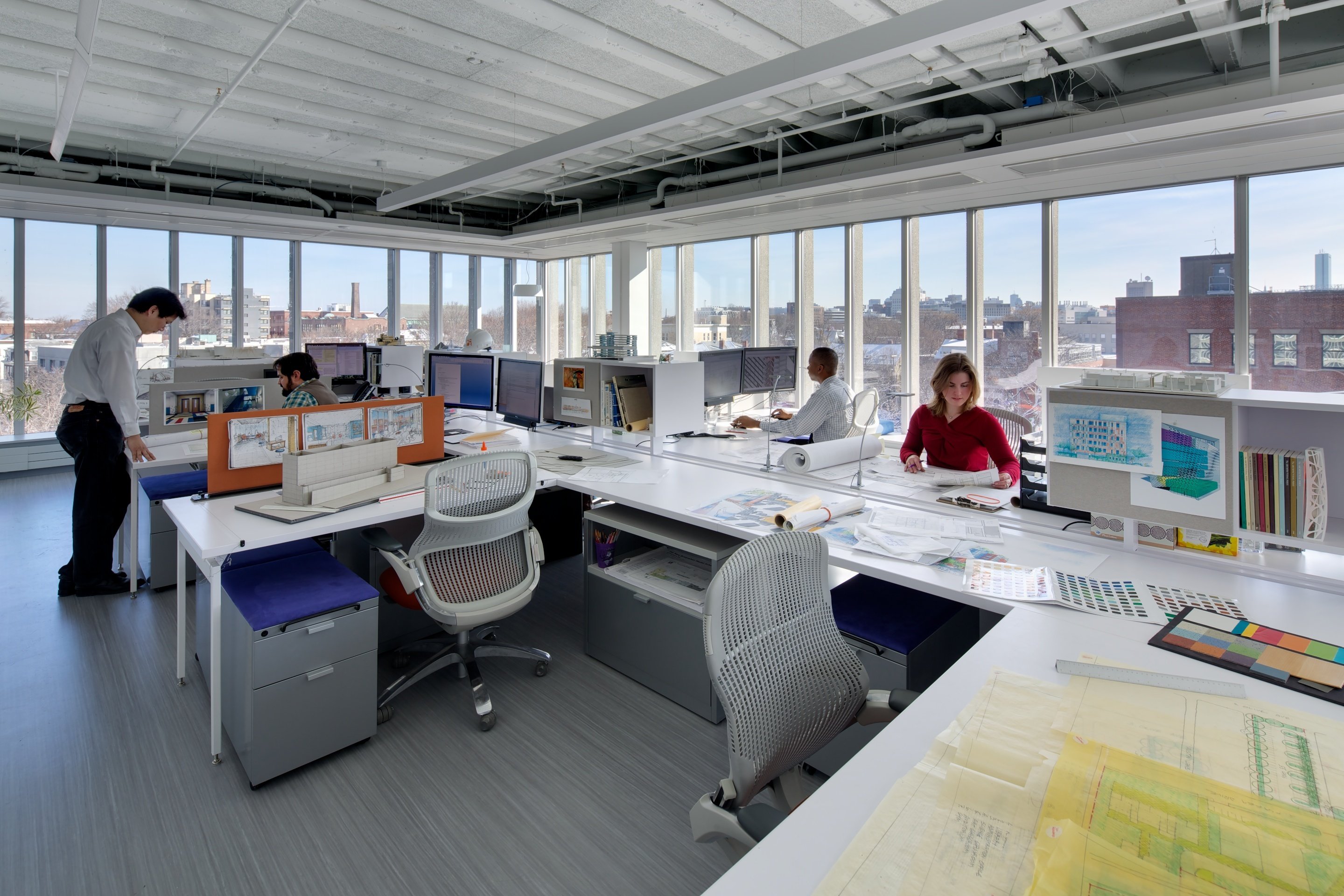 Chilled beams installed in the ceiling of an open-plan office