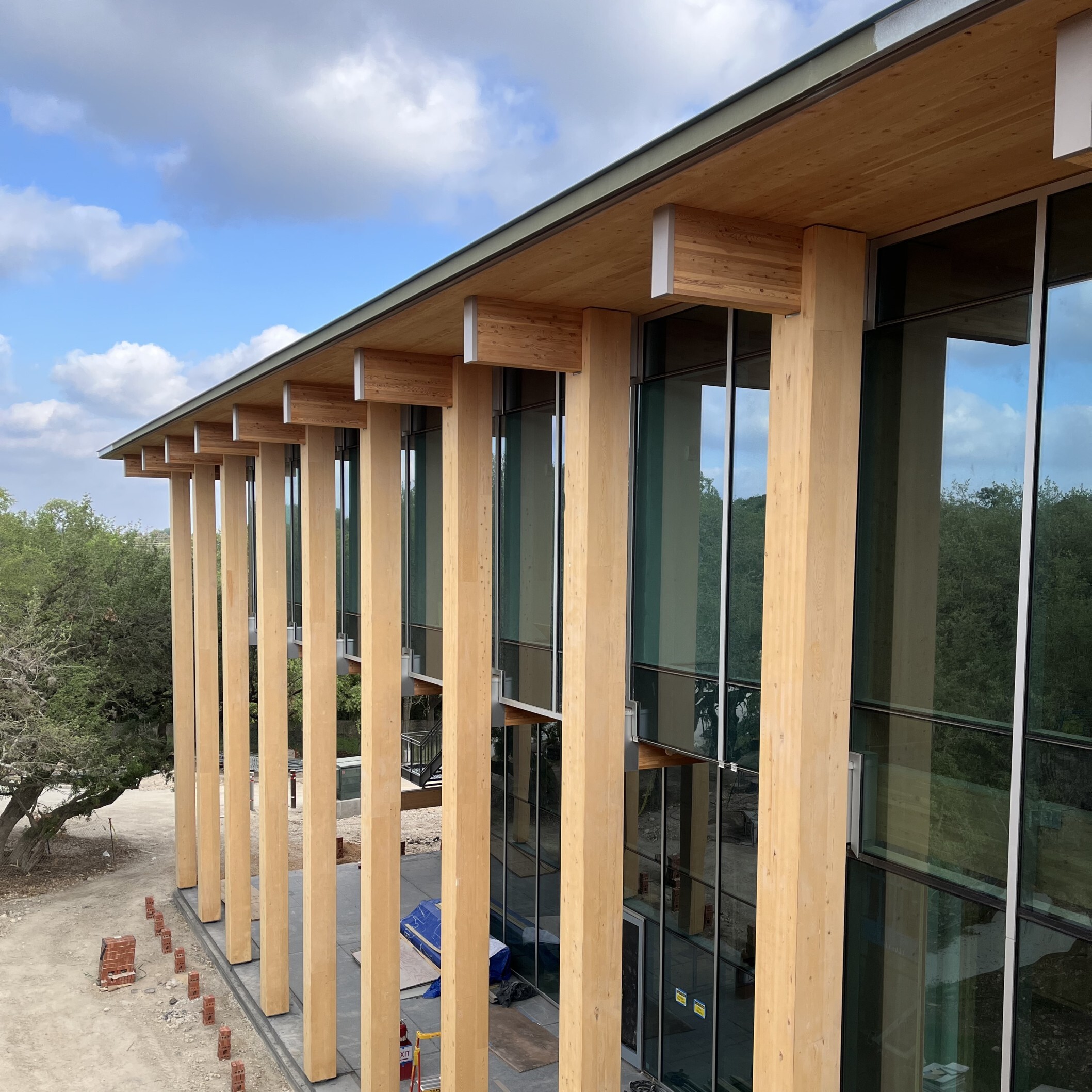 The exterior of a mass timber building