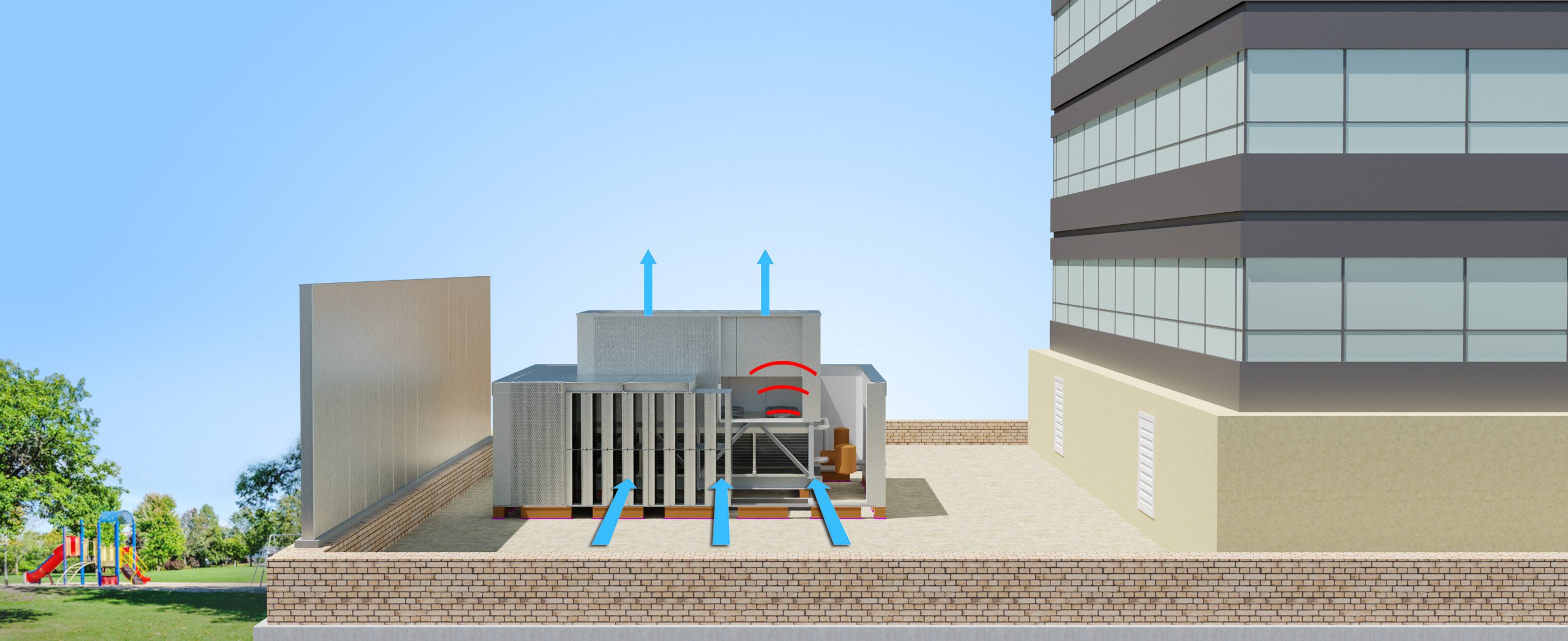 A chiller with a Price Acoustic Panel enclosure and an adjacent barrier wall