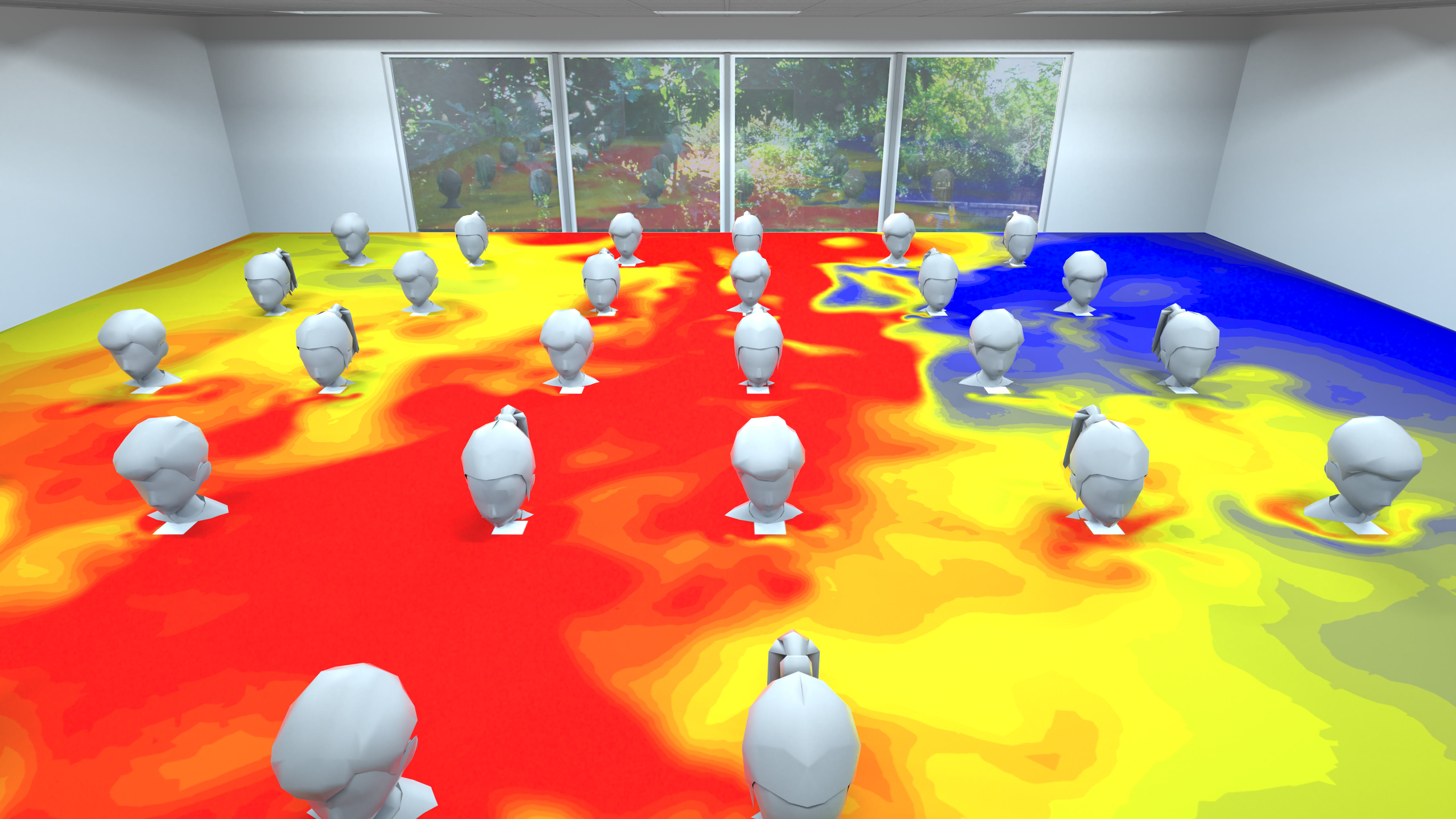Simulation of students sitting in a classroom with high particle concentration