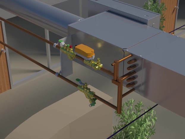 A terminal unit with piping package installed in the ceiling of an office