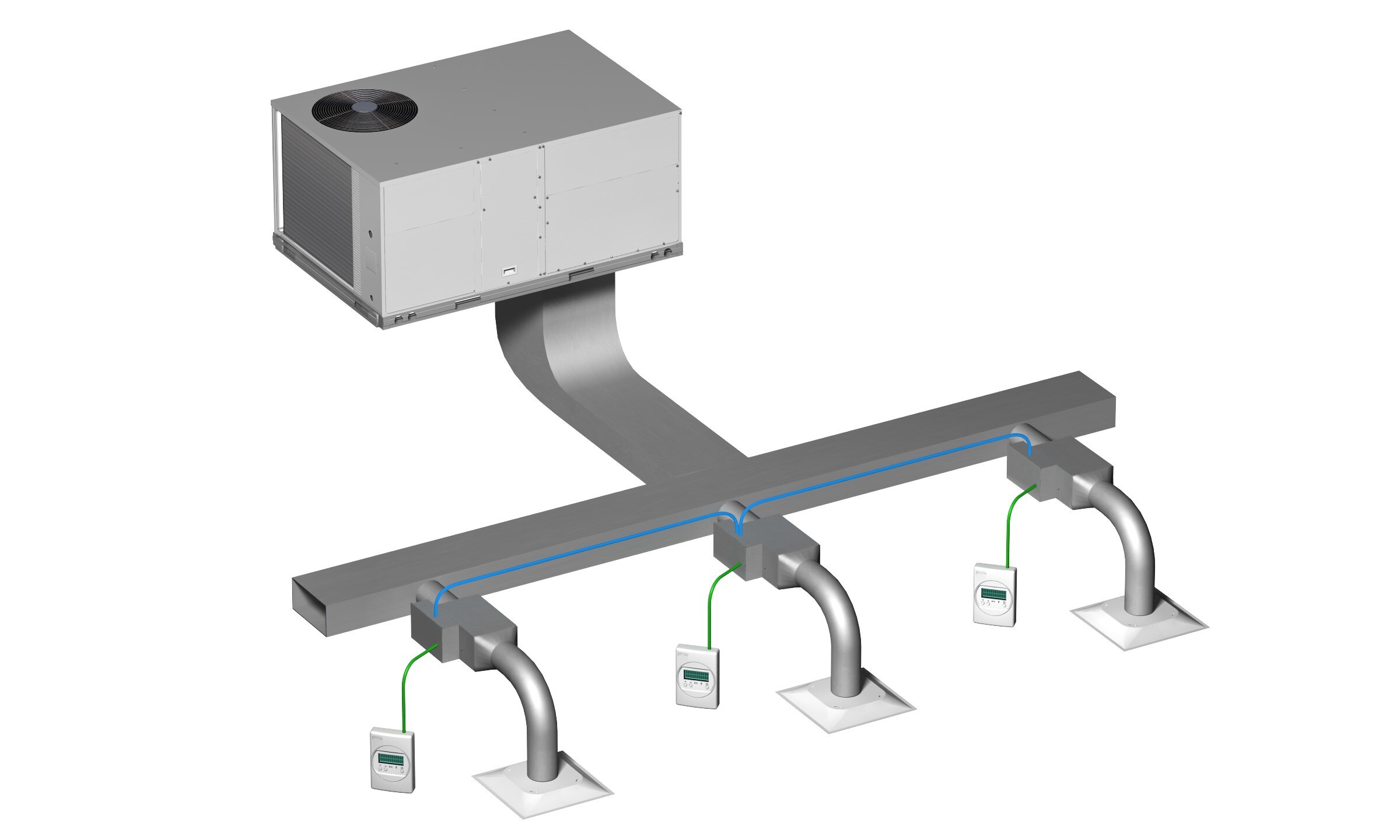 A central air handler connected to three single-duct terminal units