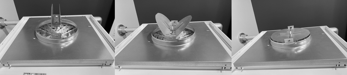 A diffuser with a Volume Control Damper (VCR8) set to 100% open (left), 50% open (center) and 0% open (right)