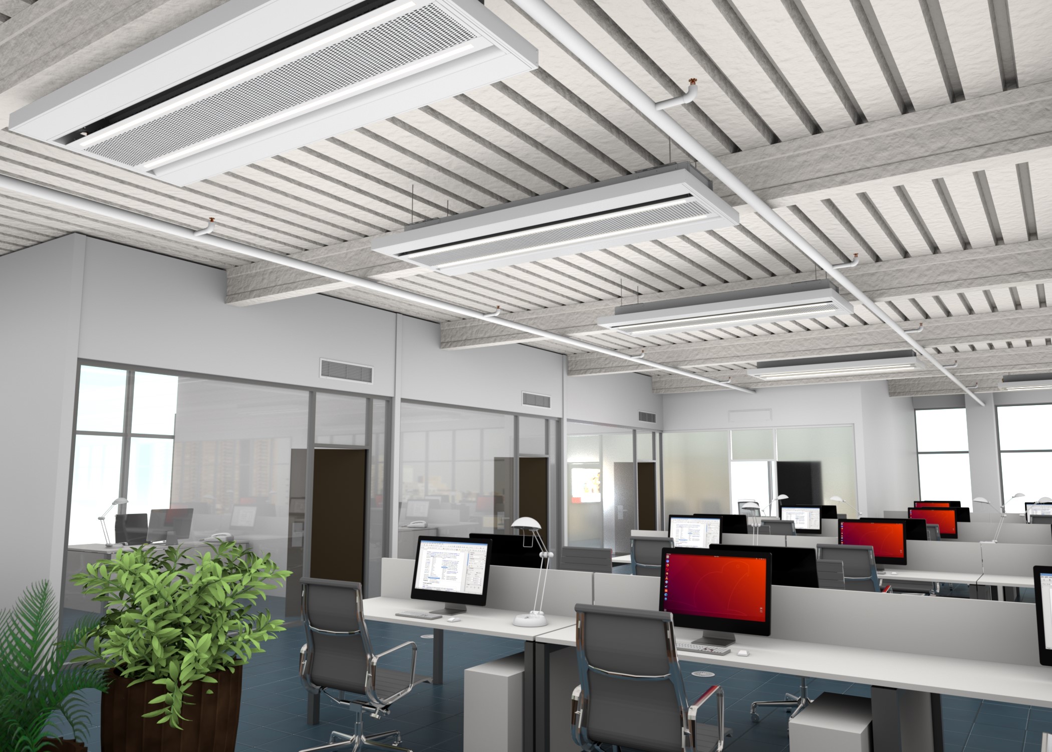 Modern open-ceiling office with chilled beams installed