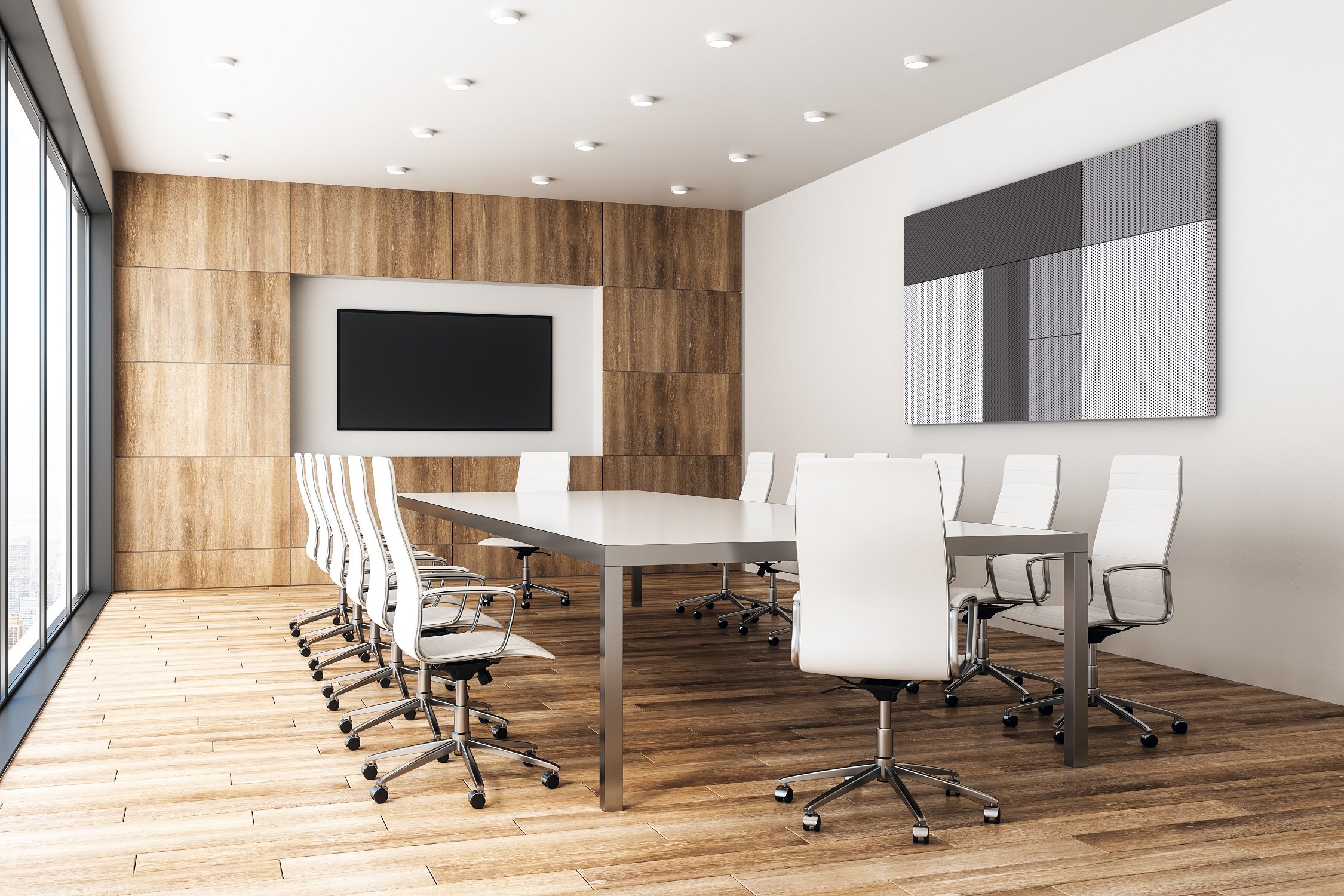 Modern boardroom with acoustic panels installed on wall