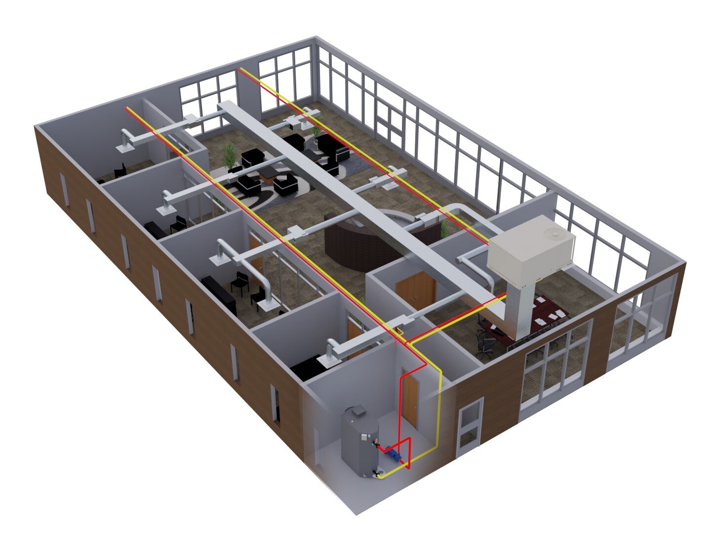 Single-duct hydronic reheat system in an office