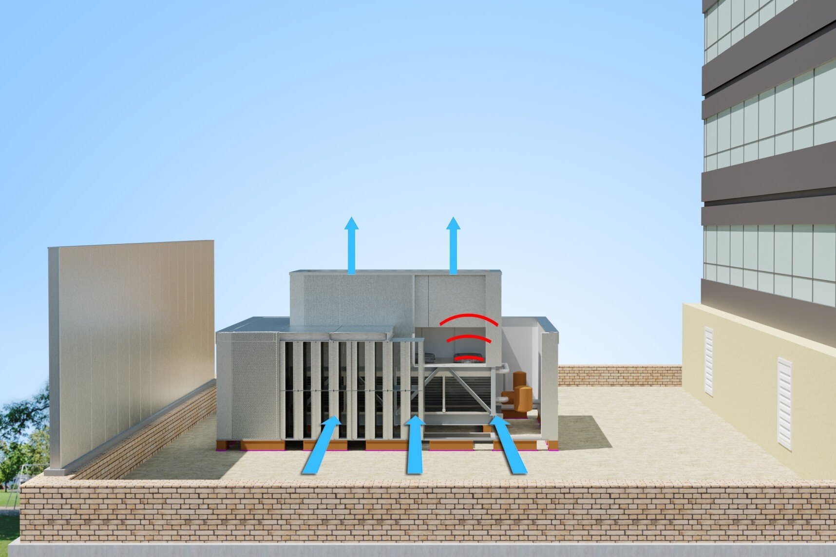 A chiller with a Price Acoustic Panel enclosure and an adjacent barrier wall